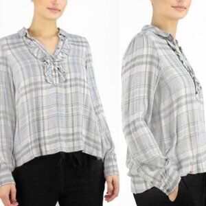 XIRENA Ali Top Dovetail Flannel Ruffle Grey Blouse Size Small Plaid Popover USA
